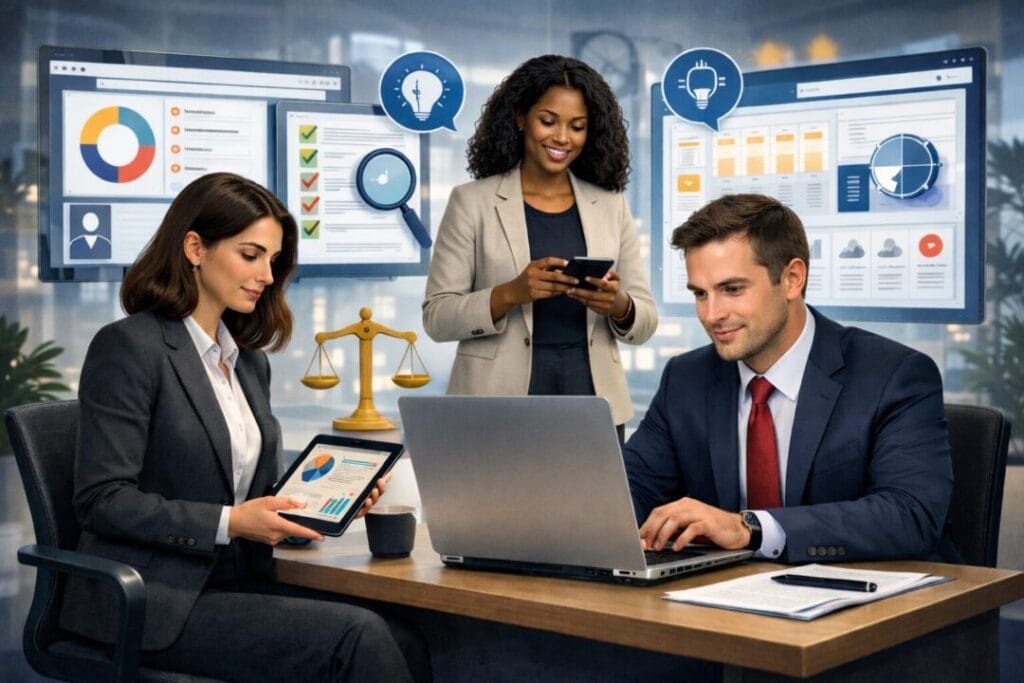 Legal professionals using SpineLegal Software for efficient workflow management and data analysis.lawyers using legal software instead of spreadsheets