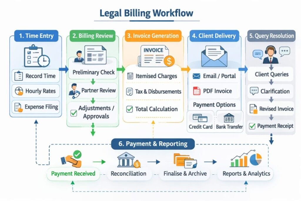 SpineLegal Software enhances legal billing workflow: time entry, billing review, invoice generation, client delivery, and reporting.