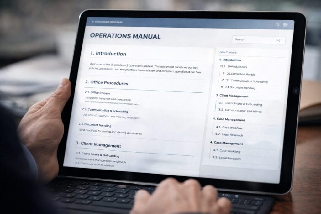 Person using SpineLegal Software for managing office operations manual on a tablet, enhancing legal firm efficiency.