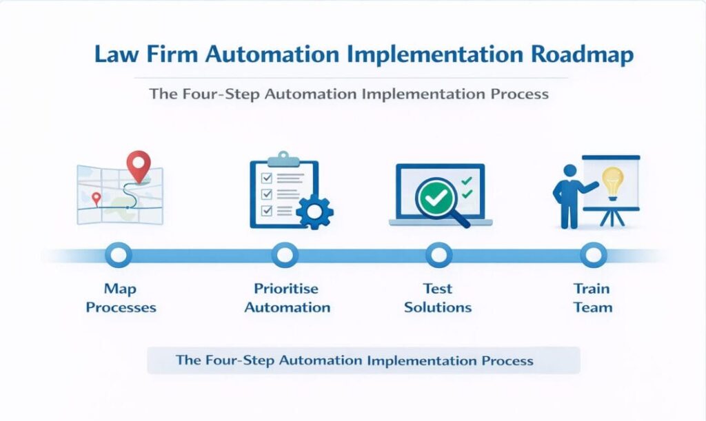 SpineLegal's four-step law firm automation roadmap: map, prioritize, test solutions, train team.