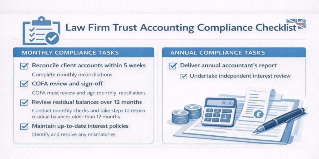 Law firm trust accounting compliance checklist for monthly and annual tasks with SpineLegal software solutions.