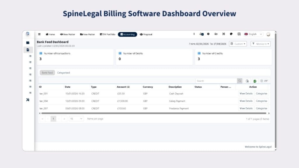 SpineLegal Software Dashboard displaying real-time billing and transaction management for legal professionals.