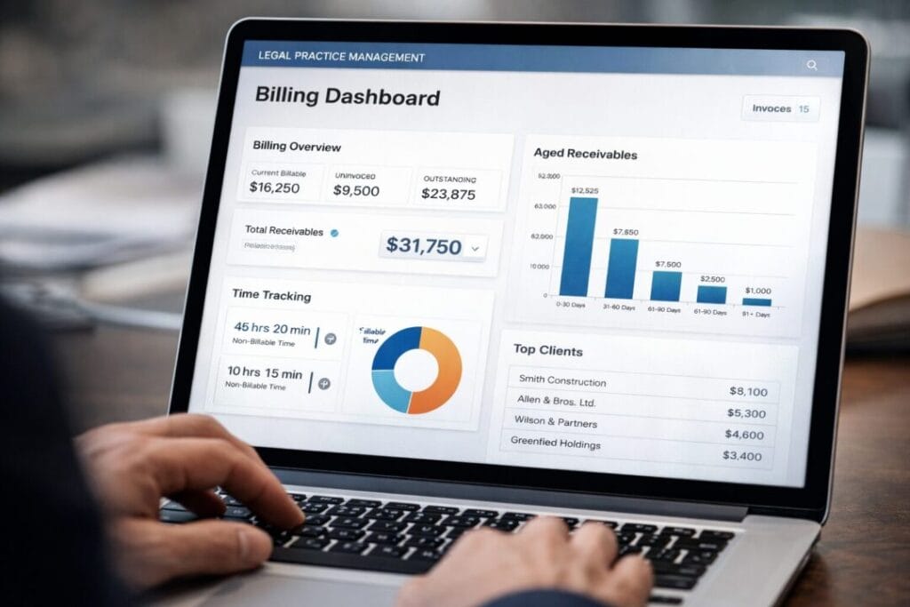 SpineLegal Software billing dashboard on laptop showing financial analytics and client data for legal practice management.