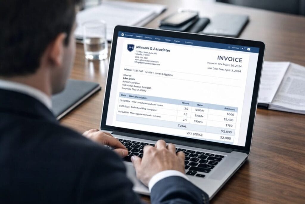 Lawyer using SpineLegal Software for invoice management on a laptop screen in a professional setting.