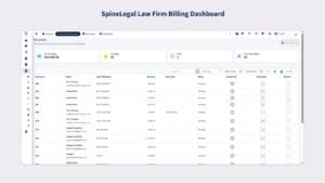 SpineLegal Law Firm Billing Dashboard showcasing invoice management and payment status for efficient legal operations.