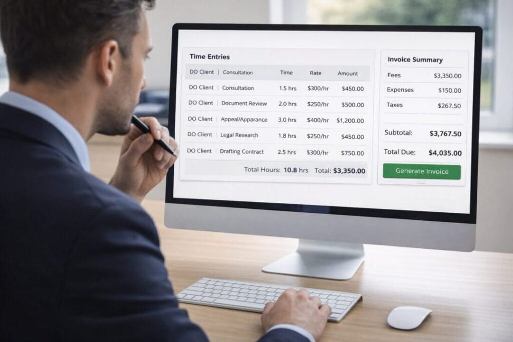 Man using SpineLegal Software for efficient time tracking and invoice generation on computer screen.