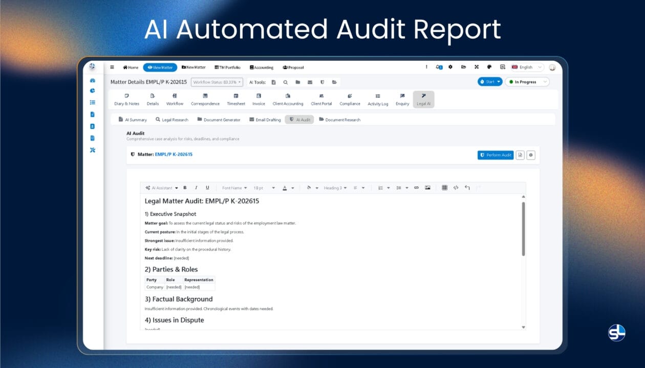 AI-powered legal audit report on SpineLegal Software interface for efficient case analysis and management.