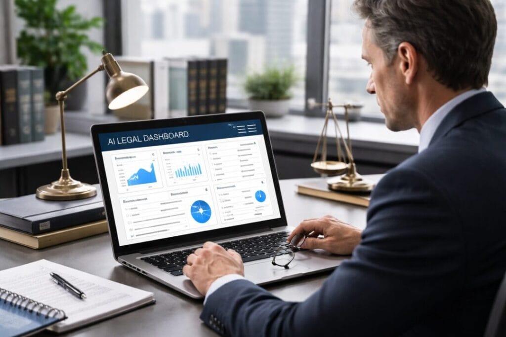 Man using SpineLegal Software on laptop, displaying AI legal dashboard with charts and analytics in a modern office.