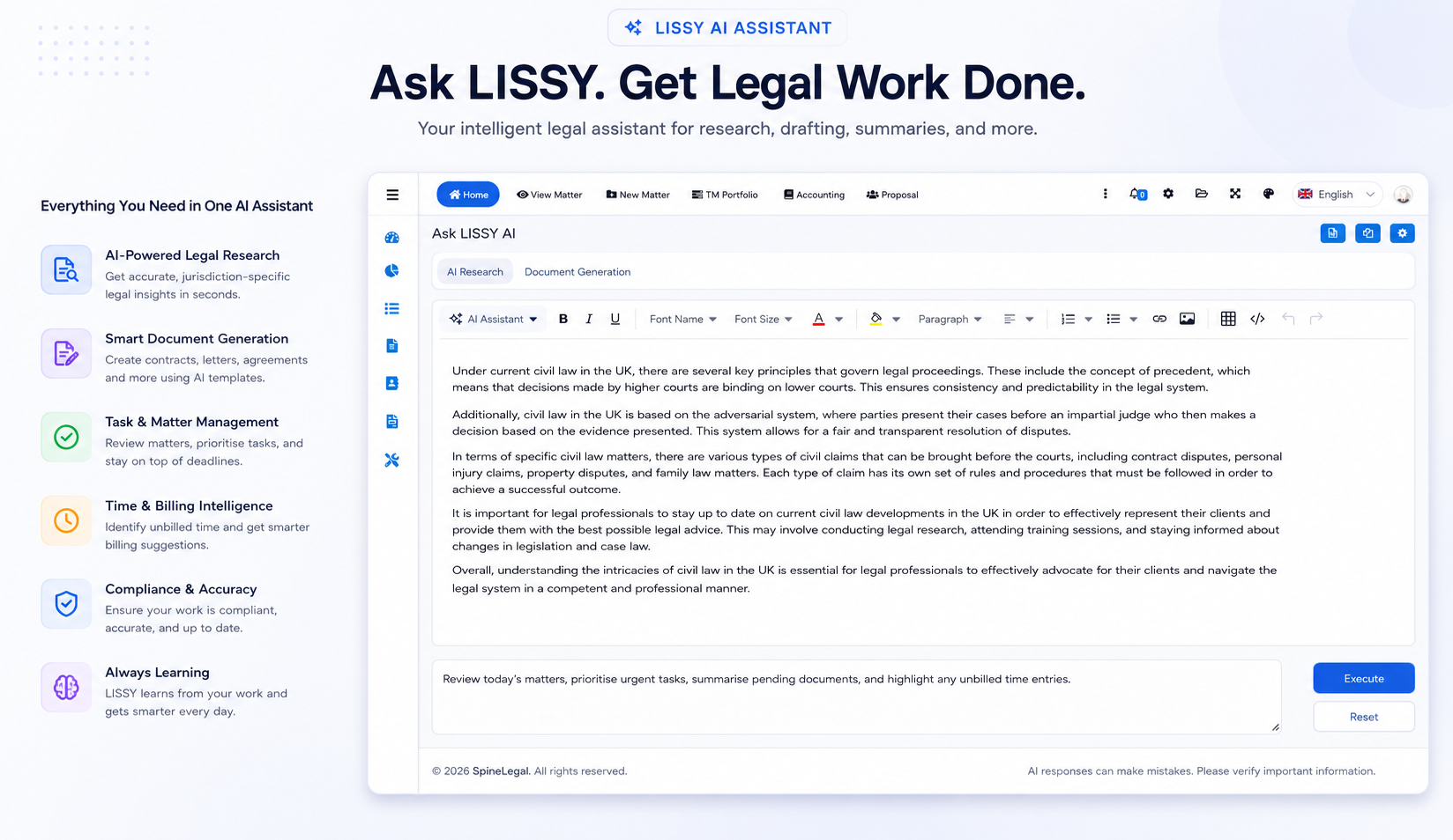 LISSY AI assistant dashboard displaying legal tasks, AI-generated document summaries, billing prompts, and matter insights in a modern law firm management interface