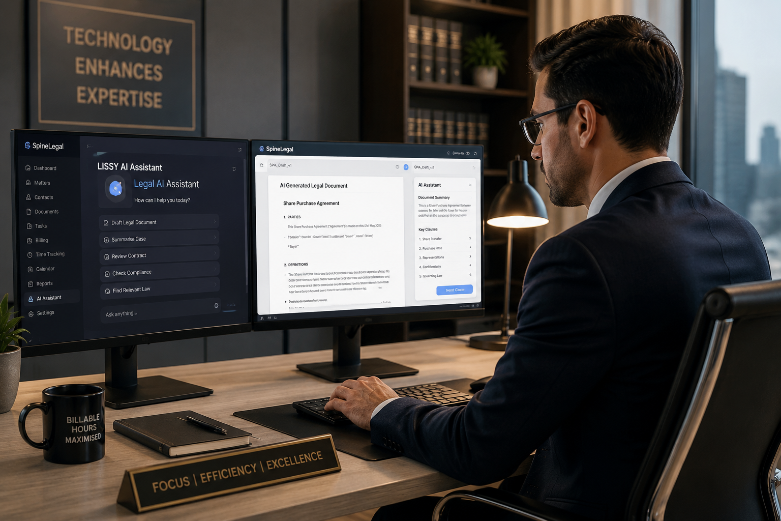Solicitor reviewing AI-generated legal documents on dual-screen monitors using SpineLegal LISSY AI assistant in a modern law office workspace.