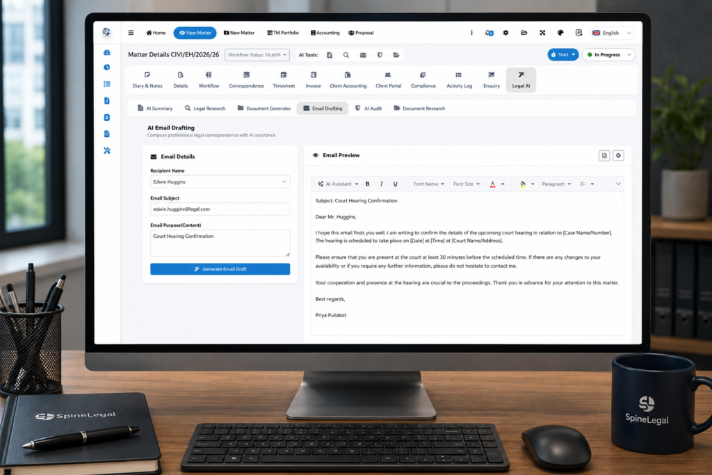 SpineLegal software interface displaying AI-assisted email drafting for legal professionals.
