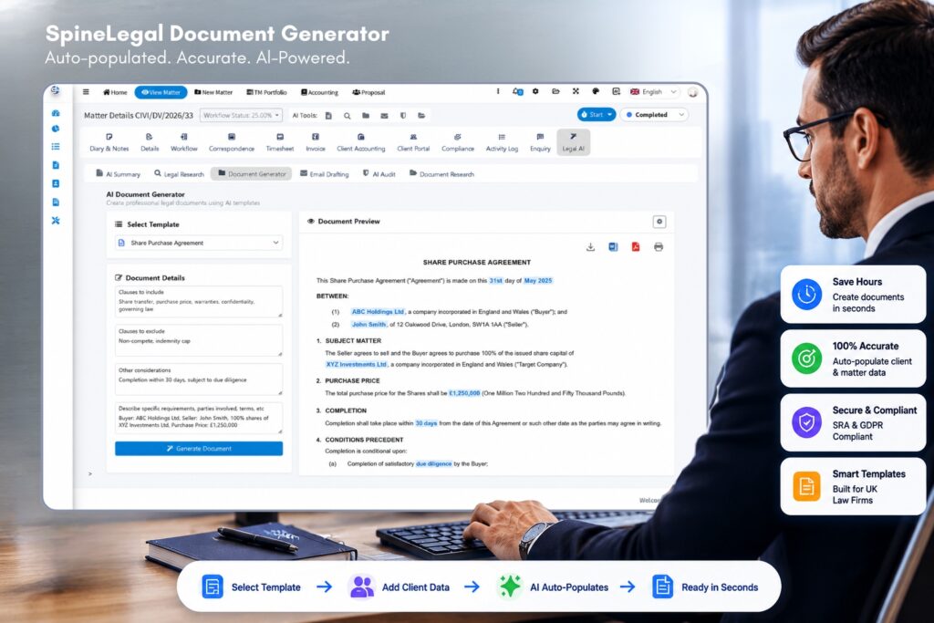 SpineLegal Document Generator interface automatically populating a legal agreement template with client and matter data, demonstrating AI-powered document automation, accuracy, and faster legal drafting
