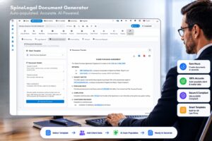SpineLegal Document Generator interface automatically populating a legal agreement template with client and matter data, demonstrating AI-powered document automation, accuracy, and faster legal drafting