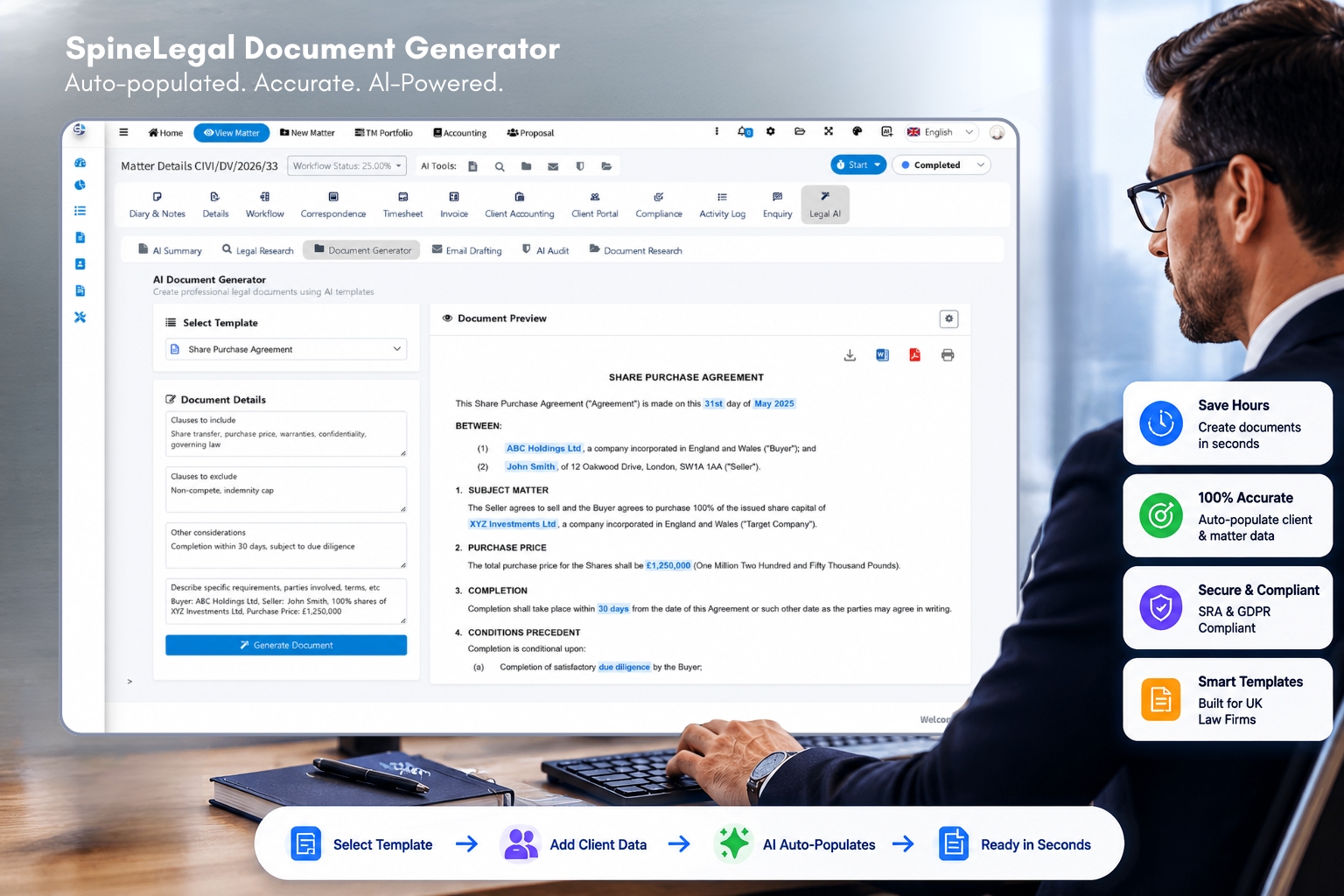 SpineLegal Document Generator interface automatically populating a legal agreement template with client and matter data, demonstrating AI-powered document automation, accuracy, and faster legal drafting