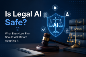 Illustration showing Legal AI security, compliance, and risk management for law firms evaluating AI adoption.