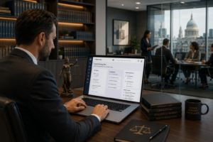 Solicitor using AI-powered legal office software in a UK law firm